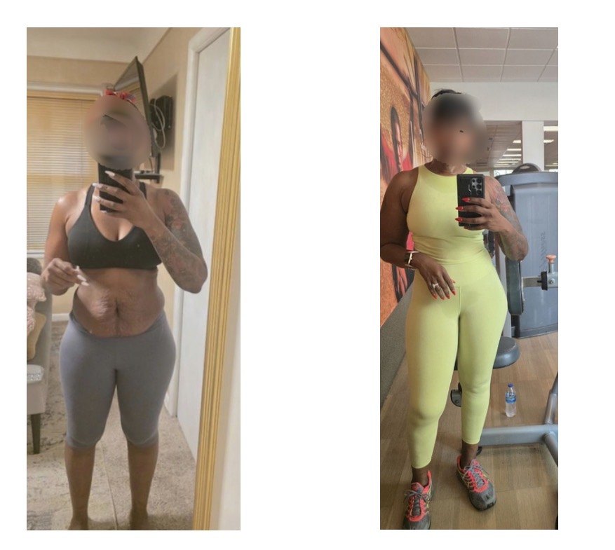 Shapeshifter client transformation — earlier photo in gray shorts and a sports bra, later photo in her green workout outfit